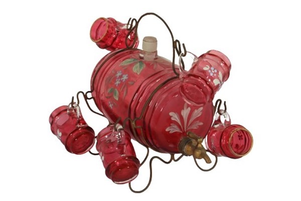 Lot 130 - CRANBERRY GLASS BARREL DECANTER