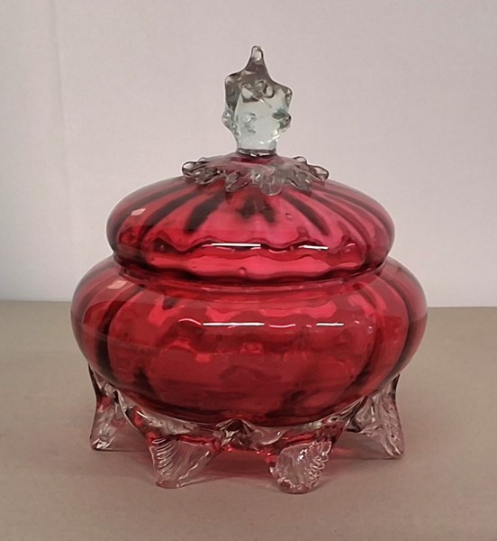 Lot 1375 - CRANBERRY GLASS LIDDED BOWL