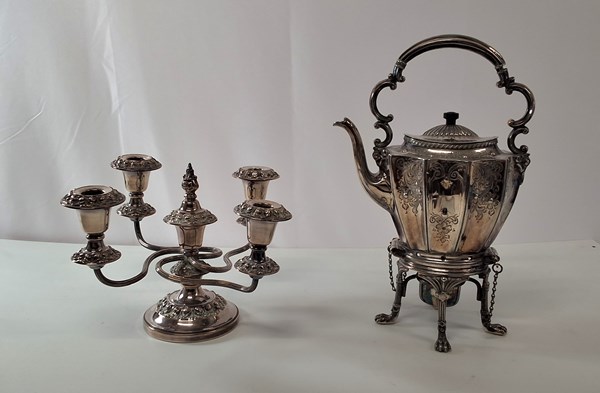 Lot 1198 - CANDELABRA & KETTLE