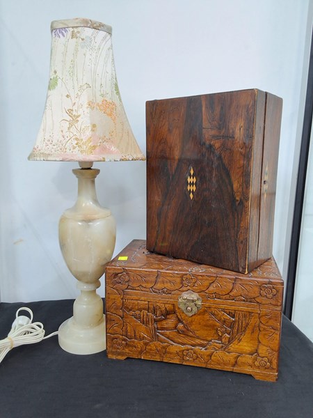 Lot 1417 - TIMBER BOXES & ALABASTER LAMP