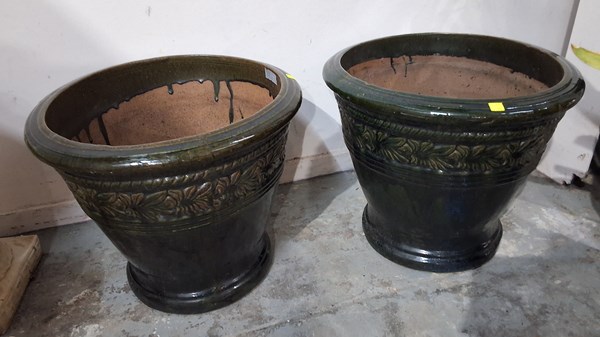 Lot 326 - PAIR OF GLAZED TERRACOTTA POTS