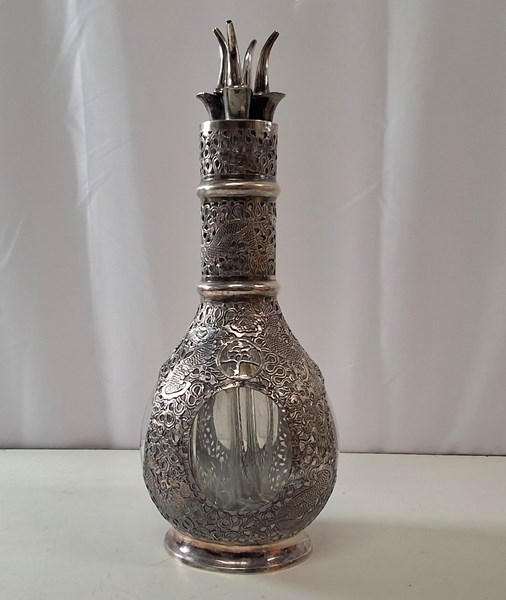 Lot 1143 - SILVER AND GLASS DECANTER