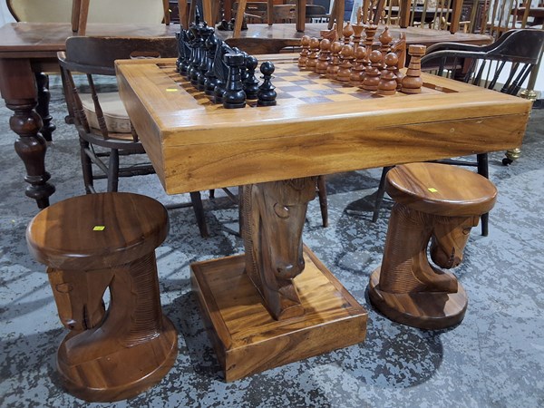 Lot 140 - CHESS GAMES TABLE AND TWO STOOLS