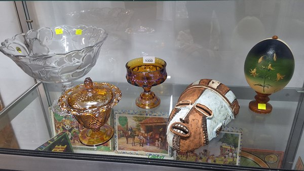 Lot 1333 - GLASSWARE, PAINTED EGG & MASK