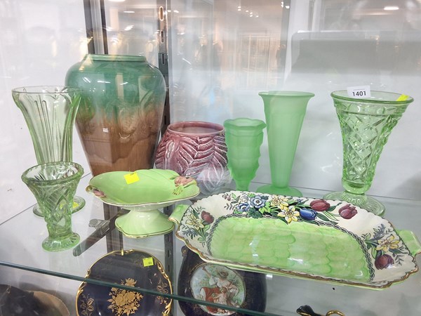 Lot 1401 - GREEN GLASS & CERAMICS