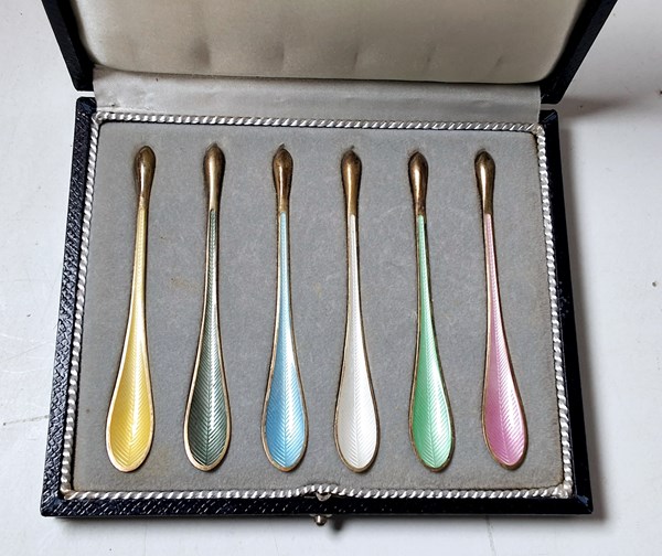 Lot 1054 - SILVER ENAMEL SPOONS