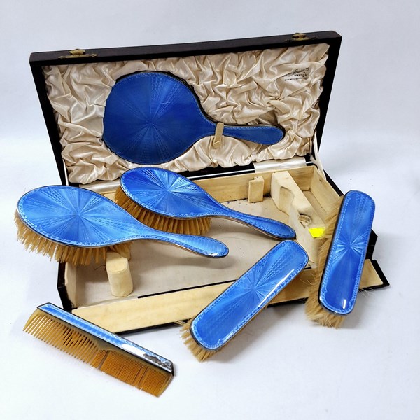 Lot 1038 - STERLING SILVER & ENAMEL DRESSING TABLE SET