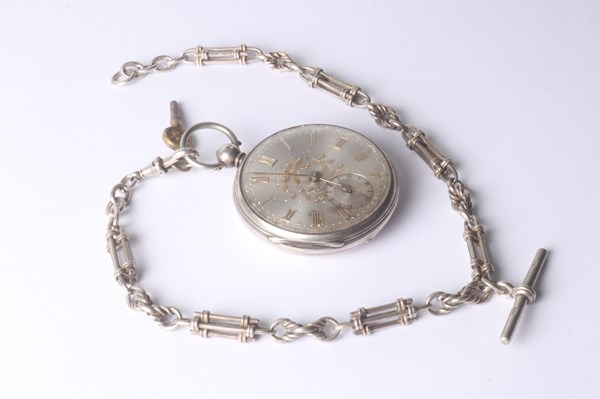 Lot 1023 - SILVER FOB WATCH & CHAIN