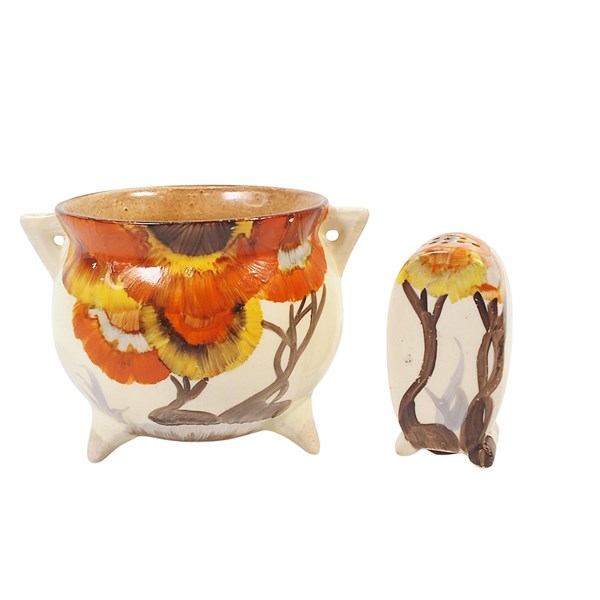 Lot 62 - CLARICE CLIFF SUGAR BOWL & PEPPER SHAKER