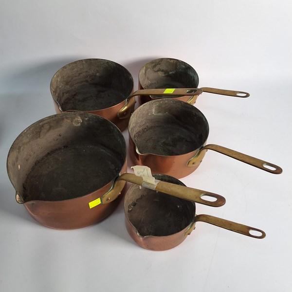 Lot 1361 - SET OF FIVE GRADUATED COPPER SAUCEPANS