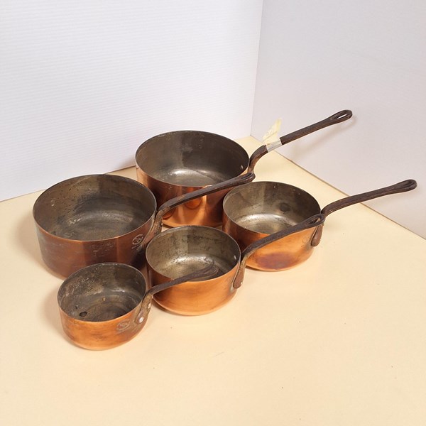 Lot 1222 - SETBOF FIVE COPPER SAUCEPANS