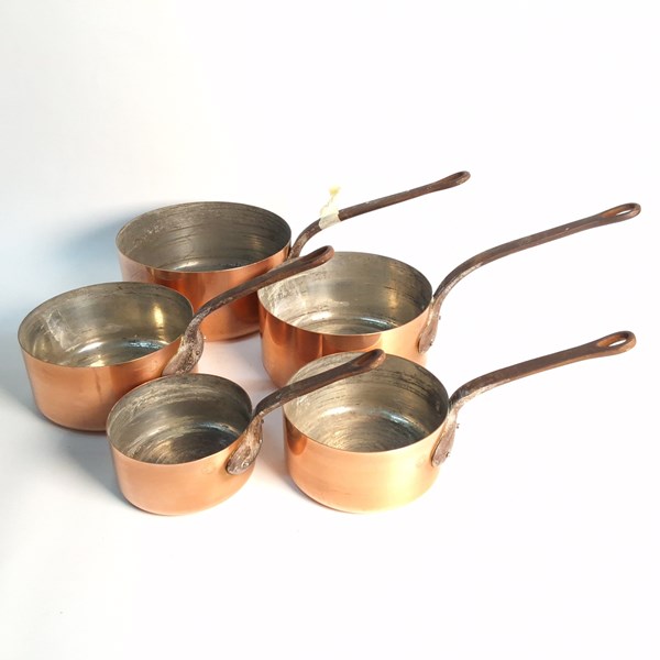 Lot 1323 - SET OF FIVE COPPER SAUCEPANS