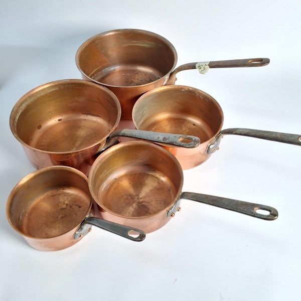 Lot 1307 - SET OF FIVE GRADUATED COPPER SAUCEPANS