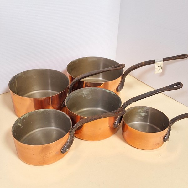 Lot 1335 - SET OF FIVE COPPER SAUCEPANS