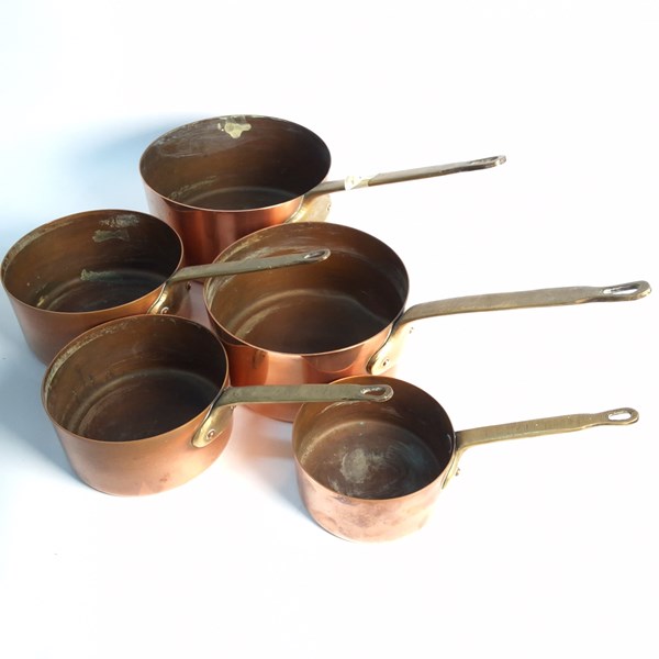 Lot 1271 - SET OF FIVE COPPER SAUCEPANS