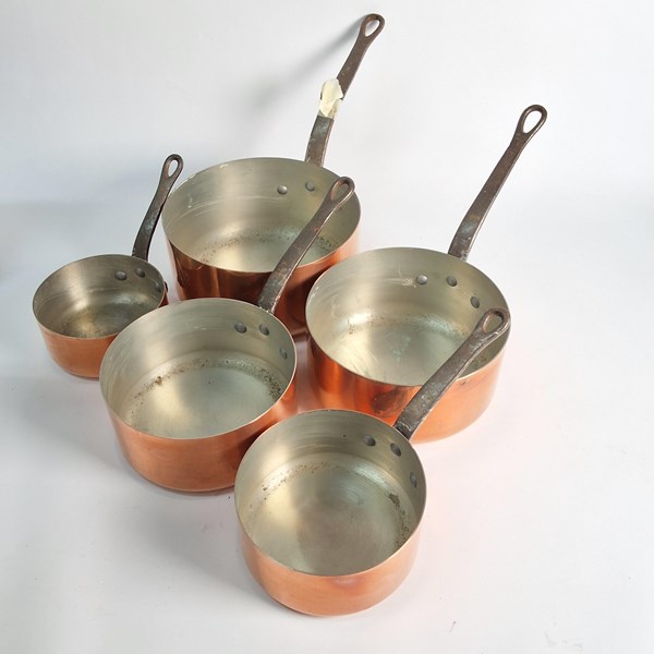 Lot 1447 - SET OF FIVE GRADUATED COPPER SAUCEPANS