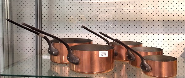 Lot 1274 - SET OF FIVE COPPER SAUCEPANS