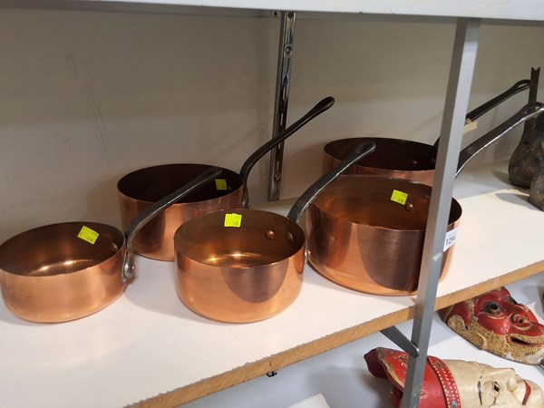 Lot 1294 - SET OF FIVE COPPER SAUCEPANS