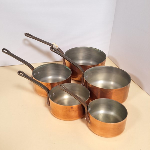 Lot 1387 - SET OF FIVE COPPER SAUCEPANS