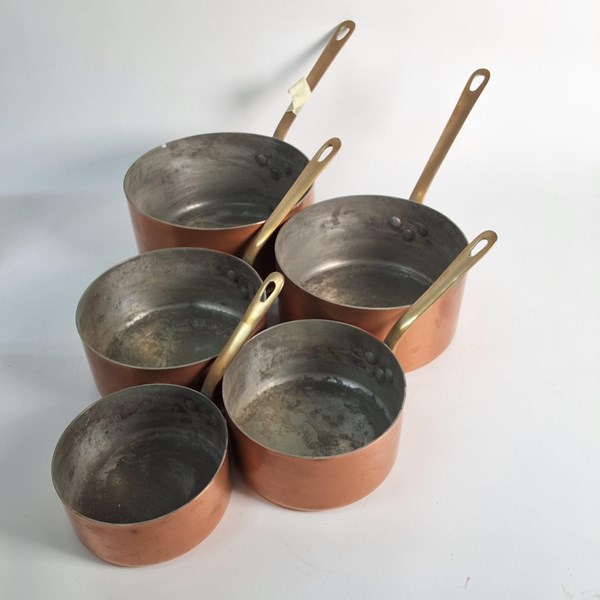 Lot 1216 - SET OF 5 COPPER SAUCEPANS