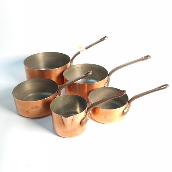 Lot 1137 - SET OF FIVE GRADUATED COPPER SAUCEPANS