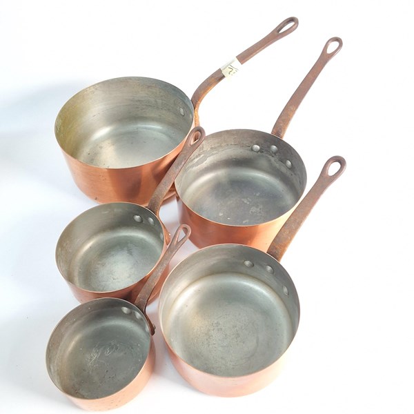 Lot 1310 - SET OF FIVE GRADUATED COPPER SAUCEPANS