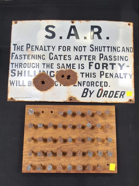 Lot 1338 - SOUTH AUSTRALIAN RAILWAYS ENAMEL SIGN & COLLECTION OF DATE NAILS