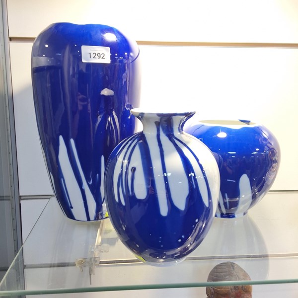 Lot 1402 - THREE VASES WITH BLUE DRIP GLAZE