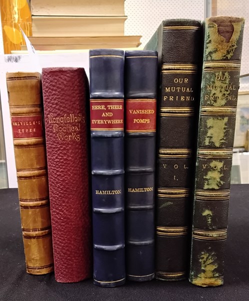 Lot 1153 - VINTAGE LEATHER BOUND BOOKS. Works by Dickens (Our Mutual Friend, 1865, 2 vols)