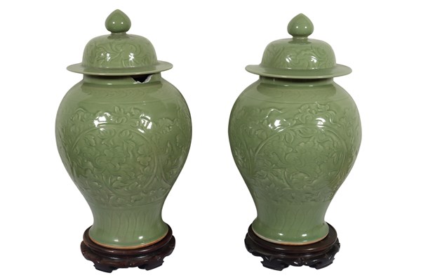 Lot 259 - PAIR CELADON GLAZE FLOOR VASES