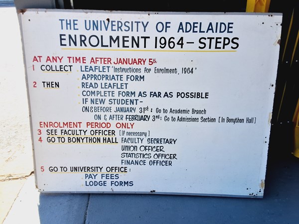 Lot 353 - 1964 University Adelaide enrolment timber sign,...