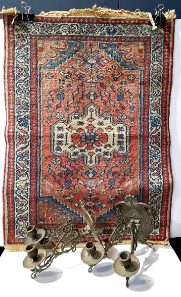 Lot 1296 - PRAYER RUG AND SCONCES