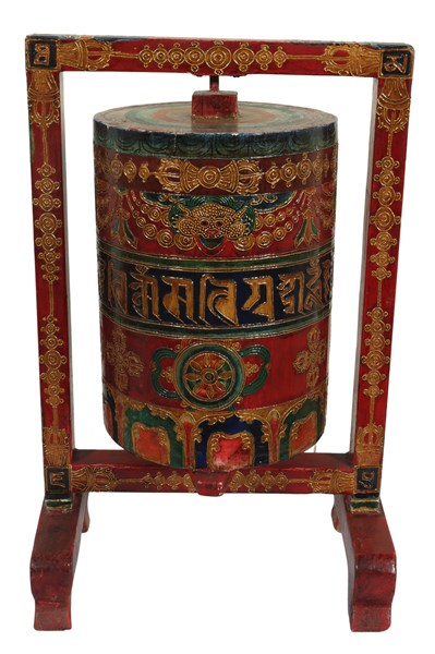 Lot 282 - TIBETAN POLYCHROME PRAYER WHEEL