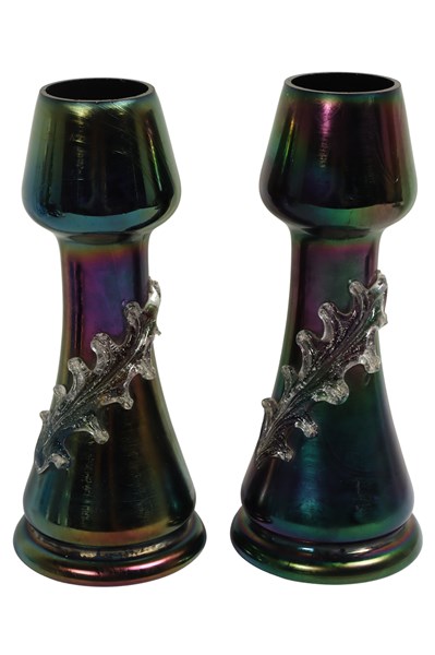 Lot 102 - WEBB BRONZE IRIDESCENT GLASS VASES